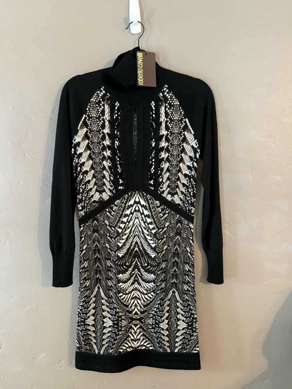 Roberto Cavalli Black & White Snake Knit /chiffon Turtleneck Dress